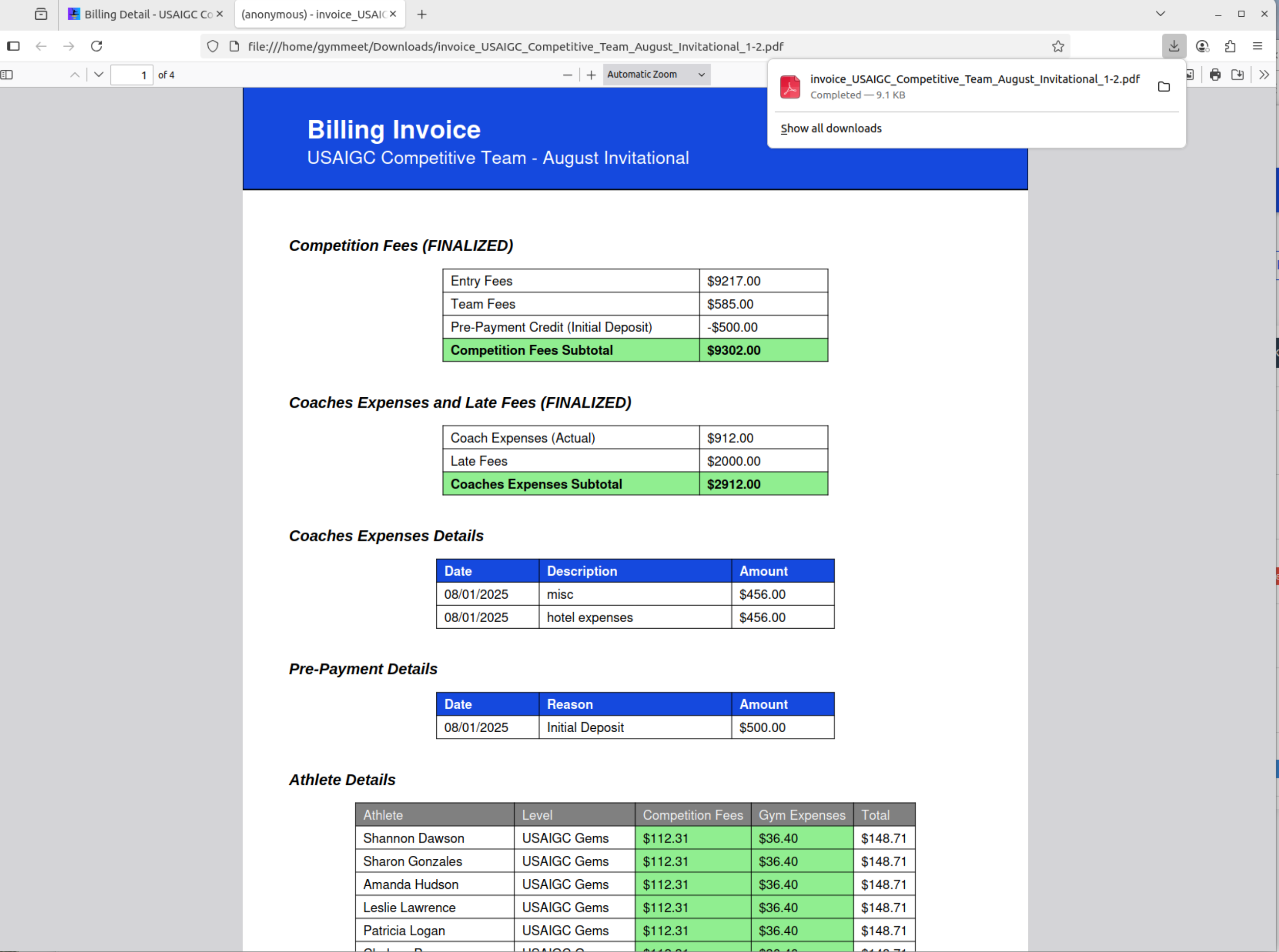 Billing invoice