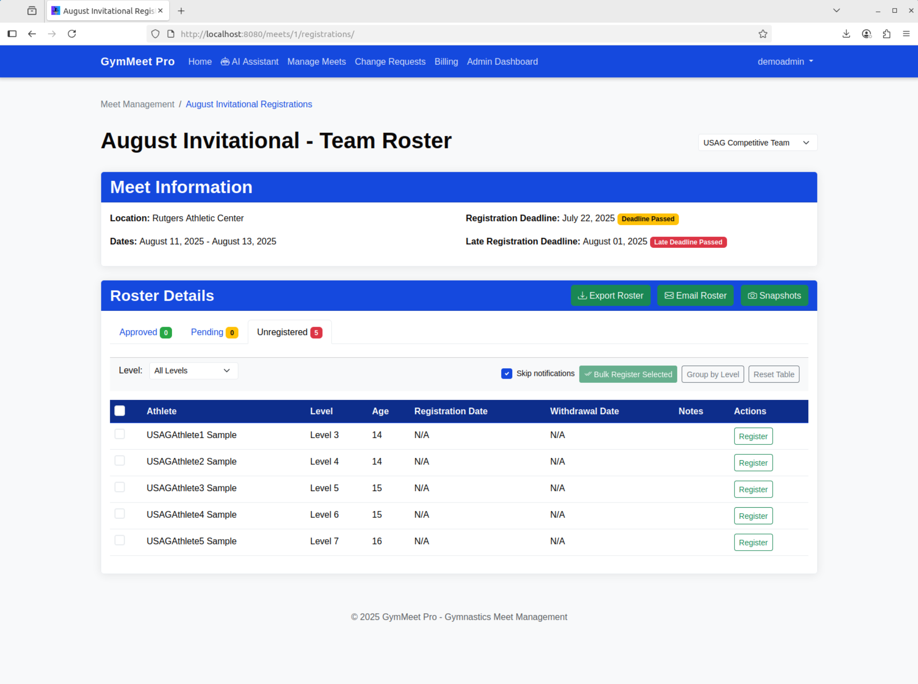 Meet roster